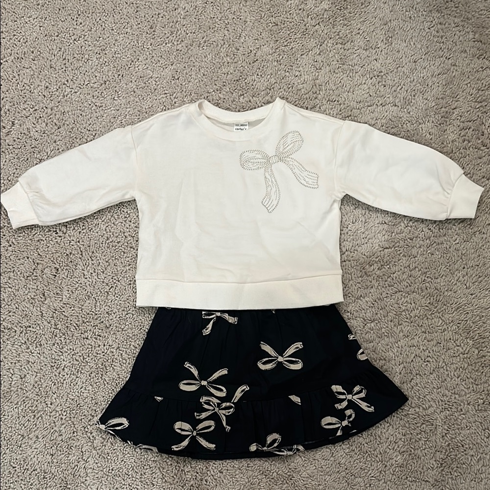 Carters Cream Sweater and Black Skirt Set with Bow Design